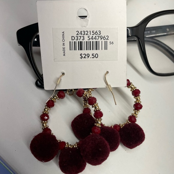 LOFT Maroon Pom Pom Hoop Earrings - Picture 2 of 4